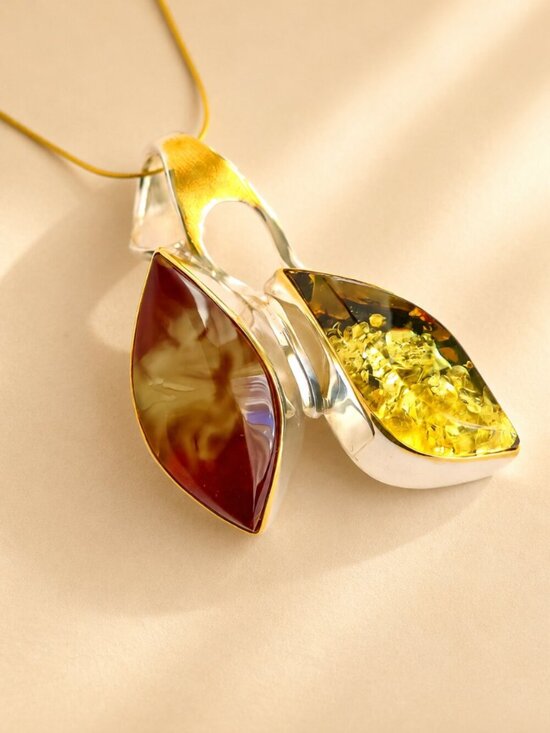 Jūratė Amber Jewelry - Tomosz Artszok Handmade Baltic Amber Pendant Necklace - Sterling Silver 14k Gold